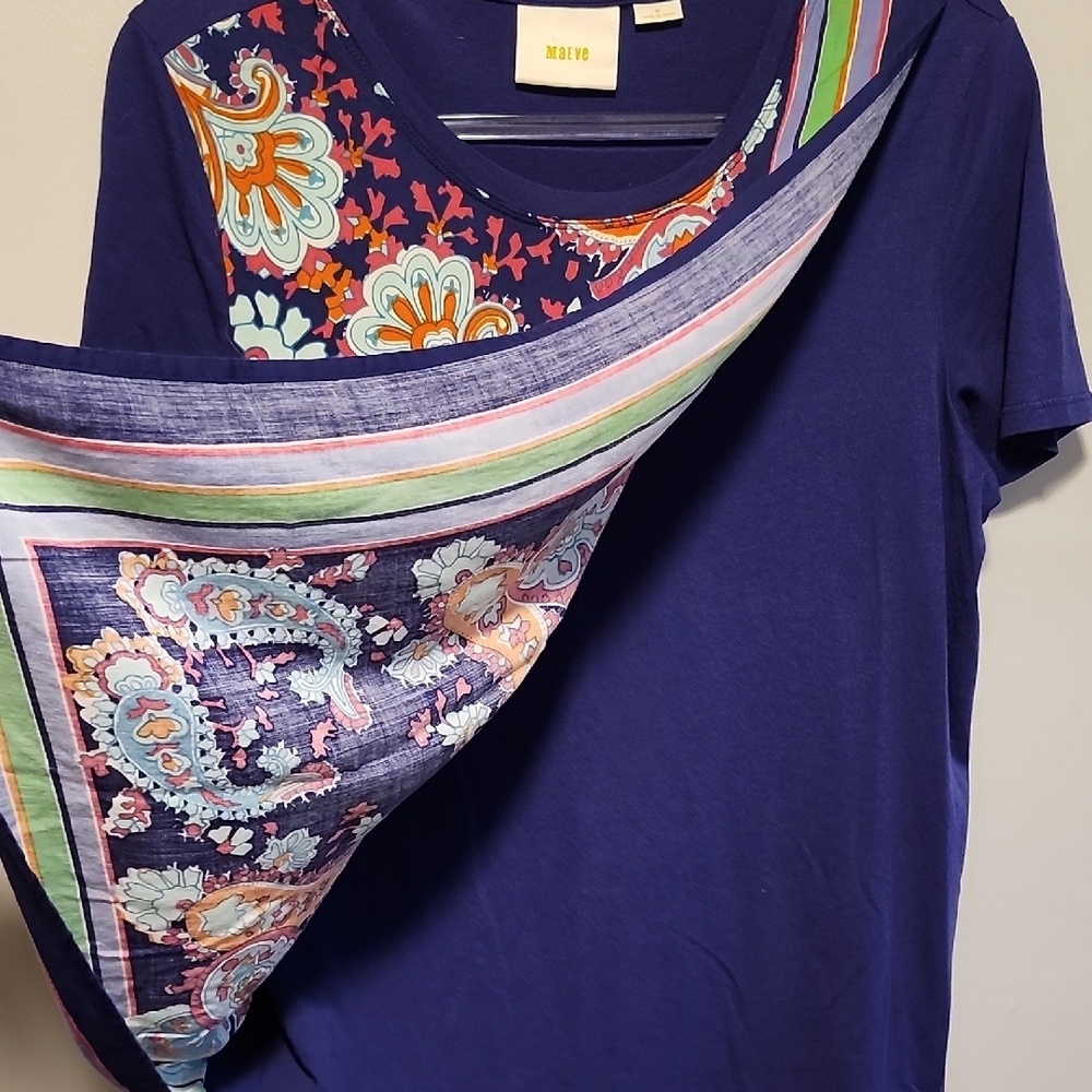 Anthropologie Maeve Purple with Orange and Blue Paisley Scarf Shirt Sleeve Tee - Picture 4 of 6